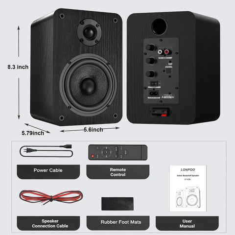 Bluetooth Bookshelf Speakers for Turntable With 60W RMS Power, front and back view with accessories, dimensions labeled.