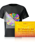DTF Transfer Film For Sublimation 30 A4 Sheets 8.3x11.7 Inches box with black tee showing colorful printed design