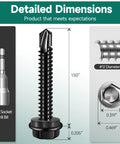 Top Shelf 50 Pack No 12 X 1 1/2 Inch Self Drilling Hex Head Screws Black 410 Stainless Steel detailed dimensions and drill bit size.