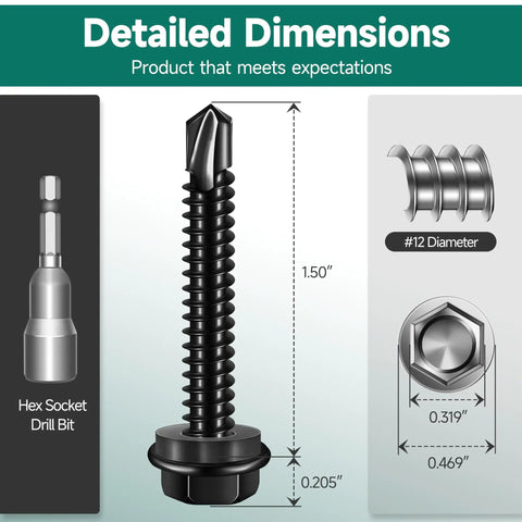 Top Shelf 50 Pack No 12 X 1 1/2 Inch Self Drilling Hex Head Screws Black 410 Stainless Steel detailed dimensions and drill bit size.