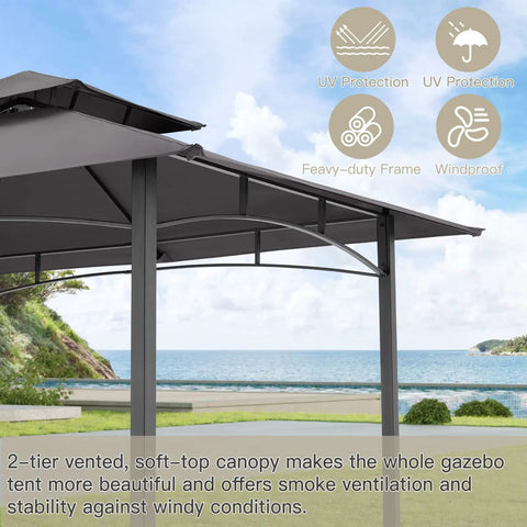 8 Ft By 5 Ft Outdoor Grill Gazebo Canopy For Outdoor Cooking Waterproof 2 Tier BBQ Shelter for Patio And Backyard Grey view