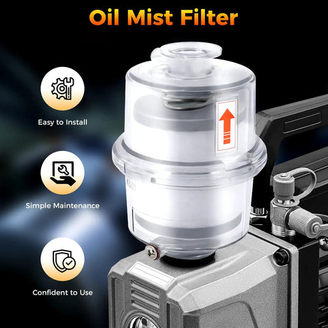 Pro-Grade Vacuum Pump Exhaust Oil Mist Filter KF25 Demister with glass fiber and transparent housing attached to device