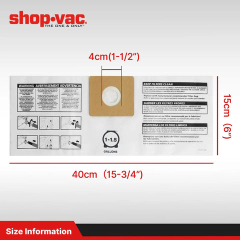 Disposable Vacuum Filter Bags For 1 To 1.5 Gallon Tanks, Dry Pick Up Only, White, size dimensions and instructions visible