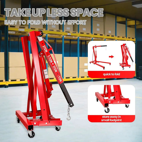 Heavy Duty Two Ton Folding Engine Hoist With Six Swivel Caster Wheels And Precision Leveler for easy storage.