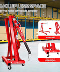 Professional Grade Heavy Duty Folding Engine Hoist Crane With Six Roll Through Swivel Casters And Easy Adjustable Boom in folded position.