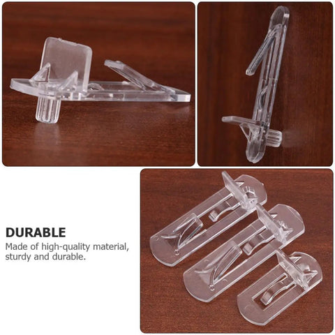 30 Pack Plastic Shelf Support Pegs for Cabinets and Shelves No Fuss Quick Install, side and top views on wood surface