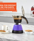 Purple Electric Espresso Maker For Two Or Three Cups Compact Home Brewer on kitchen counter with coffee and biscuits