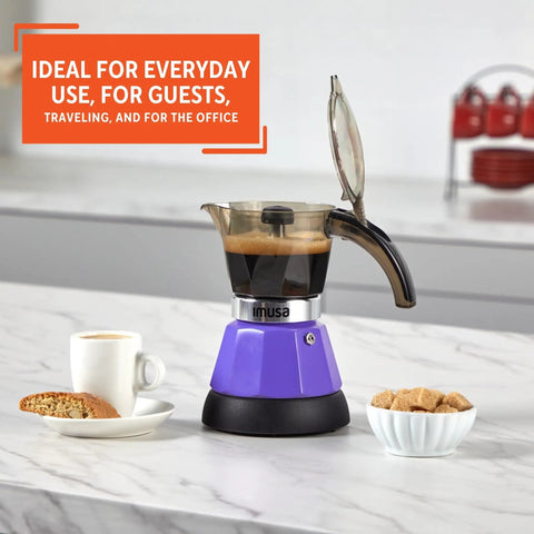 Purple Electric Espresso Maker For Two Or Three Cups Compact Home Brewer on kitchen counter with coffee and biscuits