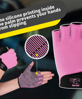 Light Pink Rowing Gloves For Women With Super Grip Silicone Palm For Unmatched Anti Slip Control On Indoor Rowing Machines And Water Sports Like Kayak Stand Up Paddleboard Sculling Dragon Boat Outrigger And More, shown with silicone grip detail and half-finger design.