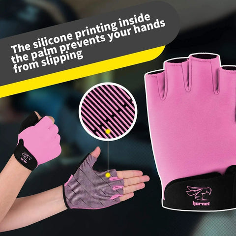 Light Pink Rowing Gloves For Women With Super Grip Silicone Palm For Unmatched Anti Slip Control On Indoor Rowing Machines And Water Sports Like Kayak Stand Up Paddleboard Sculling Dragon Boat Outrigger And More, shown with silicone grip detail and half-finger design.