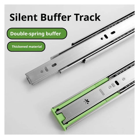 Heavy Duty No Slam Silent Close Drawer Slides 2 Pack Adjustable 12 To 20 Inch Rails 45mm Track Width Hydraulic Damping Three Section Buffer for Quiet Smooth Drawer Operation, silver steel slide close-up