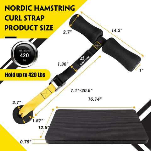 Hamstring Curl Strap With Built In Fitness Knee Mat For Home Gym, Holds Up To 420 Pounds, dimensions highlighted