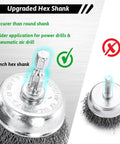 Close-up of wire brush with 1/4 inch hex shank from Budget Friendly 21 Piece Wire Brush Drill Set With Abrasive Wheels Cups And End Brushes For Quarter Inch Hex Shank Coarse Crimped Carbon Steel Attachments For Deburring Rust Removal Surface Prep And DIY Home Projects
