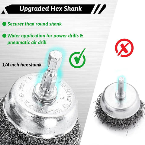 Close-up of wire brush with 1/4 inch hex shank from Budget Friendly 21 Piece Wire Brush Drill Set With Abrasive Wheels Cups And End Brushes For Quarter Inch Hex Shank Coarse Crimped Carbon Steel Attachments For Deburring Rust Removal Surface Prep And DIY Home Projects