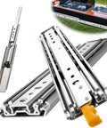 Beefy Heavy Duty 44 Inch Full Extension Drawer Slides With Lock, Side Mount Ball Bearing Rails, Rust Resistant Cold Rolled Steel, 1 Pair, Secure Locking Runners For Smooth, Quiet, Heavy Load Cabinet Drawers installed on a cabinet