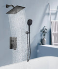 Matte Black Rain Shower System With Wall Mount, 8 Inch Square High Pressure Rain Shower Head, ABS 3-Function Handheld Sprayer in use