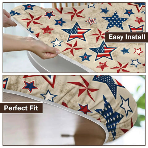 Patriotic Round Tablecloth With Elastic Edge For 40 44 Inch Tables Water Resistant Red White Blue Stars Outdoor Picnic Patio Party Cover Snug Fitted To Stop Slips And Bunching For Memorial Day Fourth Of July Celebrations.