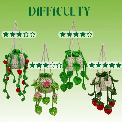 All In One Crochet Starter Kit For Beginners With No Fuss Step By Step Video Tutorials Includes Yarn Hooks Scissors Stuffing Needles And Markers For Hanging Plant Or Succulent Projects Great For Adults And Kids showing difficulty levels of hanging plant projects