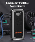 W160 Jump Starter With Air Compressor 5000A Portable Car Jump Pack shown with charging cables and specifications on display