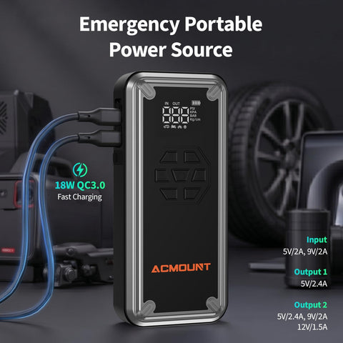 W160 Jump Starter With Air Compressor 5000A Portable Car Jump Pack shown with charging cables and specifications on display