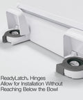 White elongated toilet seat with gray ReadyLatch hinge assemblies at both ends and installation hardware.
