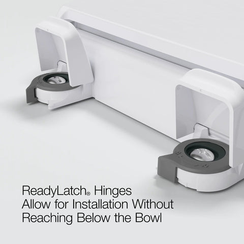 White elongated toilet seat with gray ReadyLatch hinge assemblies at both ends and installation hardware.