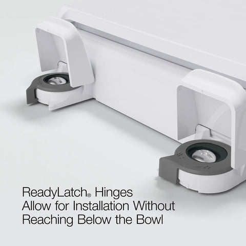 Glenbury ReadyLatch Quiet Close Elongated Toilet Seat With Soft Close White No Fuss Above Bowl Grip Tight Install hinges close-up