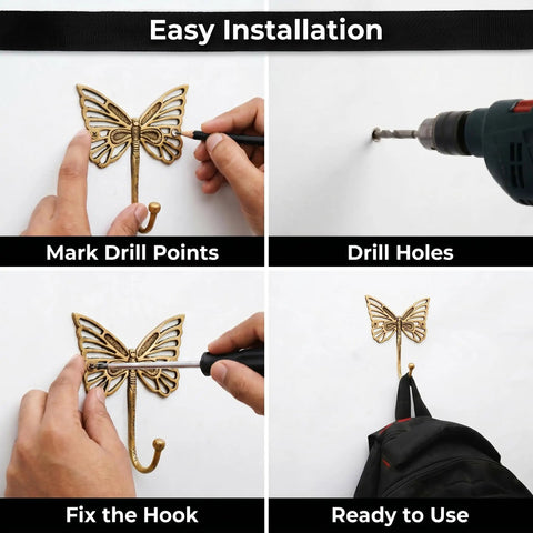 Installation of Solid Brass Butterfly Wall Hooks With 33 Lb Capacity, Vintage Gold Finish, Handcrafted Heavy Duty Coat And Backpack Hangers