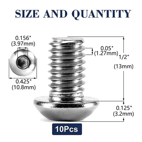 Top Shelf 1/4-20 X 1/2 Inch Button Head Socket Cap Bolts Screws Set Of 10 shown with dimensions and specs.