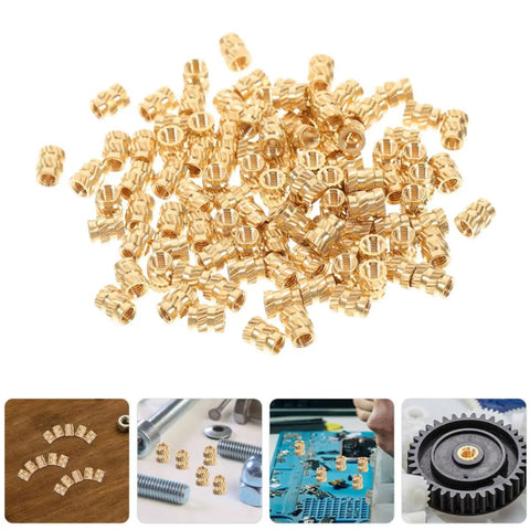 Grab 100 Pack of Solid Copper Heat Set Inserts With Knurled Threads For Heavy Duty Screws Embedment That Stick Like A Champ In Any Project Without Fail, shown in bulk.