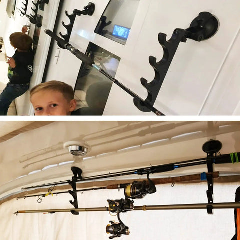 Adjustable Horizontal Fishing Rod Rack With Suction Cup Mount holding rods on a glass door and car ceiling