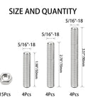 12 Pcs 5/16-18 Fully Threaded Rods And Studs 304 Stainless Steel Right Hand Threads With Nuts Beefy Heavy-Duty Kit In Three Lengths 1.98 In 2.78 In 3.57 In For Indoor Outdoor Use, size chart