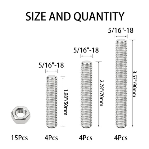 12 Pcs 5/16-18 Fully Threaded Rods And Studs 304 Stainless Steel Right Hand Threads With Nuts Beefy Heavy-Duty Kit In Three Lengths 1.98 In 2.78 In 3.57 In For Indoor Outdoor Use, size chart