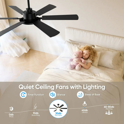 52 Inch Ceiling Fan With Lights Six Double Sided Blades Ultra Quiet Reversible DC Motor above sleeping child in bedroom