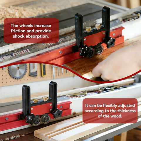 Pro Grade Bearing Roller Featherboards For Table Saw, Router Table, And Band Saw Guards in use on woodworking table