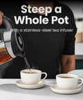 Person pouring tea from Electric Kettle With Temperature Control And Removable Infuser, Glass 1.8L, 5 Presets into cups
