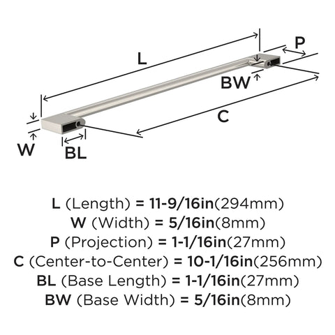 Dimensions for Cityscape Satin Nickel Cabinet Pull Center-To-Center Ten And One Sixteenth Inch Pack Of 10 Versatile Contemporary Hardware