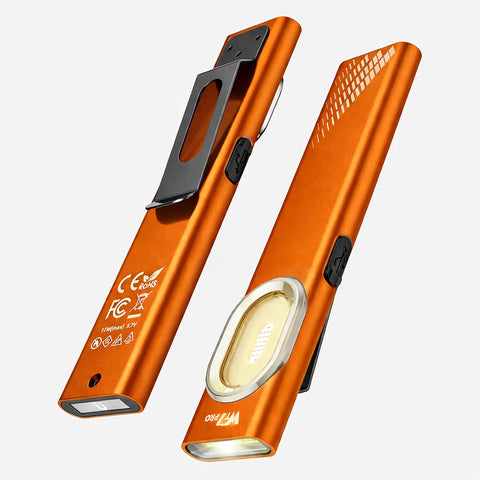 Ultra Thin Rechargeable Flashlight 700 Lumen Slim Magnetic Work Light With COB Side Light UV Light USB C Pocket EDC in orange