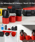 Milwaukee M12 Battery And Tool Holder Wall Mount Rack 2 In 1 Storage for tools and batteries shown with batteries installed.