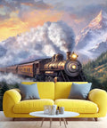 Epic Steam Train Wall Mural With 3D Mountain Landscape, Retro Locomotive Adventure Theme For Living Room, Silk Cloth Wallpaper