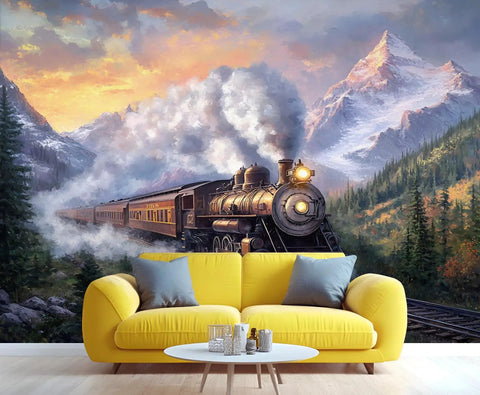 Epic Steam Train Wall Mural With 3D Mountain Landscape, Retro Locomotive Adventure Theme For Living Room, Silk Cloth Wallpaper