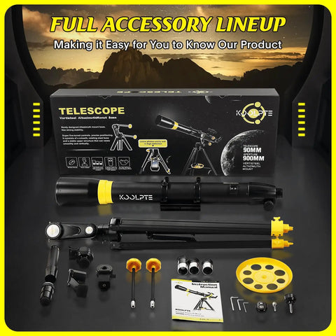 Beginner Friendly 90mm Refractor Telescope Kit With 900mm Focal Length accessories and packaging display