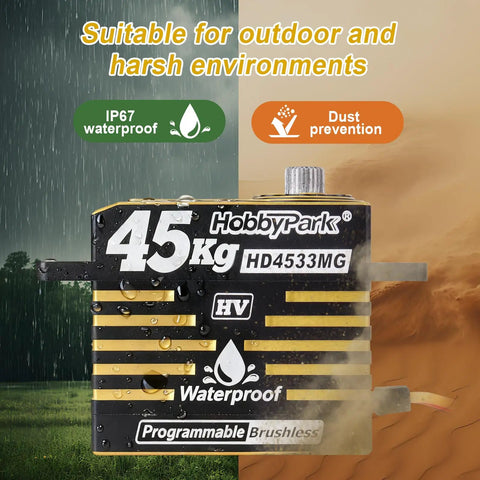 Beefy Waterproof 45Kg High Torque Brushless Servo showcasing IP67 waterproof and dust prevention features.