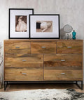 Rustic wooden dresser with framed photos, featuring 25 Pack Brushed Nickel Cabinet Knobs And T Bar Drawer Pulls For Kitchen And Dresser