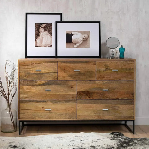 Rustic wooden dresser with framed photos, featuring 25 Pack Brushed Nickel Cabinet Knobs And T Bar Drawer Pulls For Kitchen And Dresser
