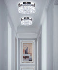 Crystal Flush Mount Ceiling Light With Oversized 30x50 mm K9 Crystals And Stainless Steel Finish LED Round Mini Chandelier in hallway.