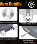50,000 BTU Propane Outdoor Heater design details with aluminum reflector, stainless steel burner, wheels, stable base