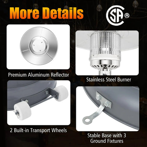 50,000 BTU Propane Outdoor Heater design details with aluminum reflector, stainless steel burner, wheels, stable base