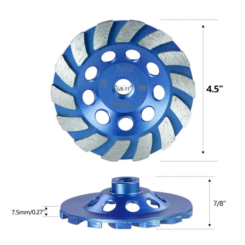 Four And A Half Inch Concrete Grinding Wheel Set With Three Pieces Featuring Turbo Diamond Segments Five Eighth To Eleven Arbor Fourteen Segments