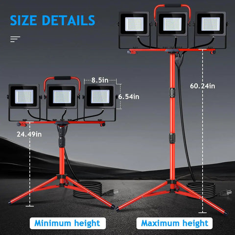 Beast Bright 150W LED Work Light With Tripod Stand Dual Head Flood Lamp 15000 Lumens size details and height adjustments